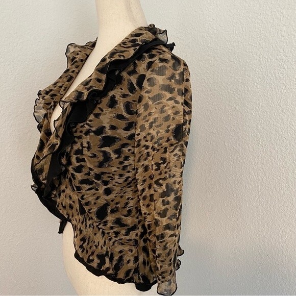 Maggie Sweet Open Front Jacket Black Brown Abstract Ruffle Fitted Crop Size PS - Picture 4 of 11